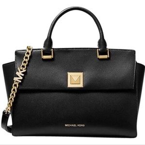 NWT  MICHAEL Michael Kors Sylvia Medium Crossgrain Black Leather Satchel